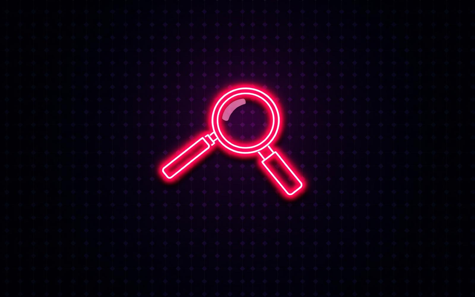 Neon magnifying glass icon on a dark hexagonal pattern background